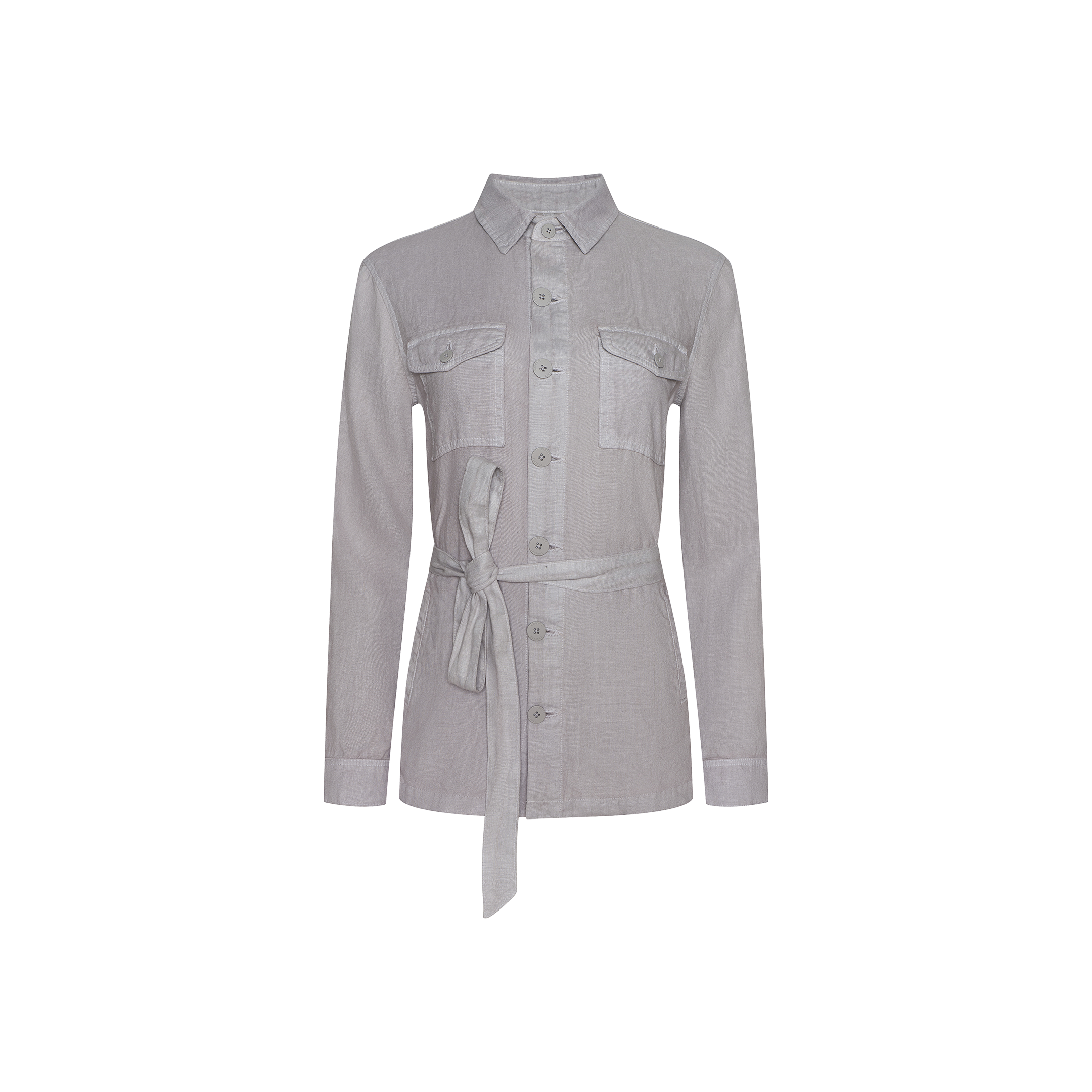 The Samaya Linen Jacket is a light gray, long-sleeve utility style featuring a collar, chest pockets, and a matching fabric belt tied at the waist. Shown against a plain white background.