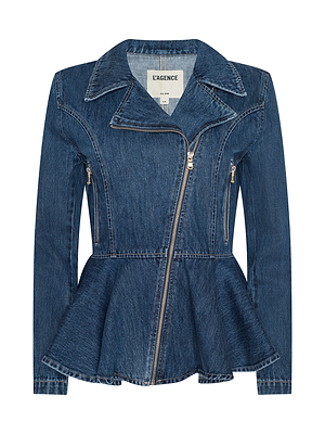 The Moxie Peplum Biker Jacket is a blue denim style with a flattering peplum waist, asymmetrical front zipper, zipped side pockets, long sleeves, and a stylish collar. Features “L’AGENCE” label inside.