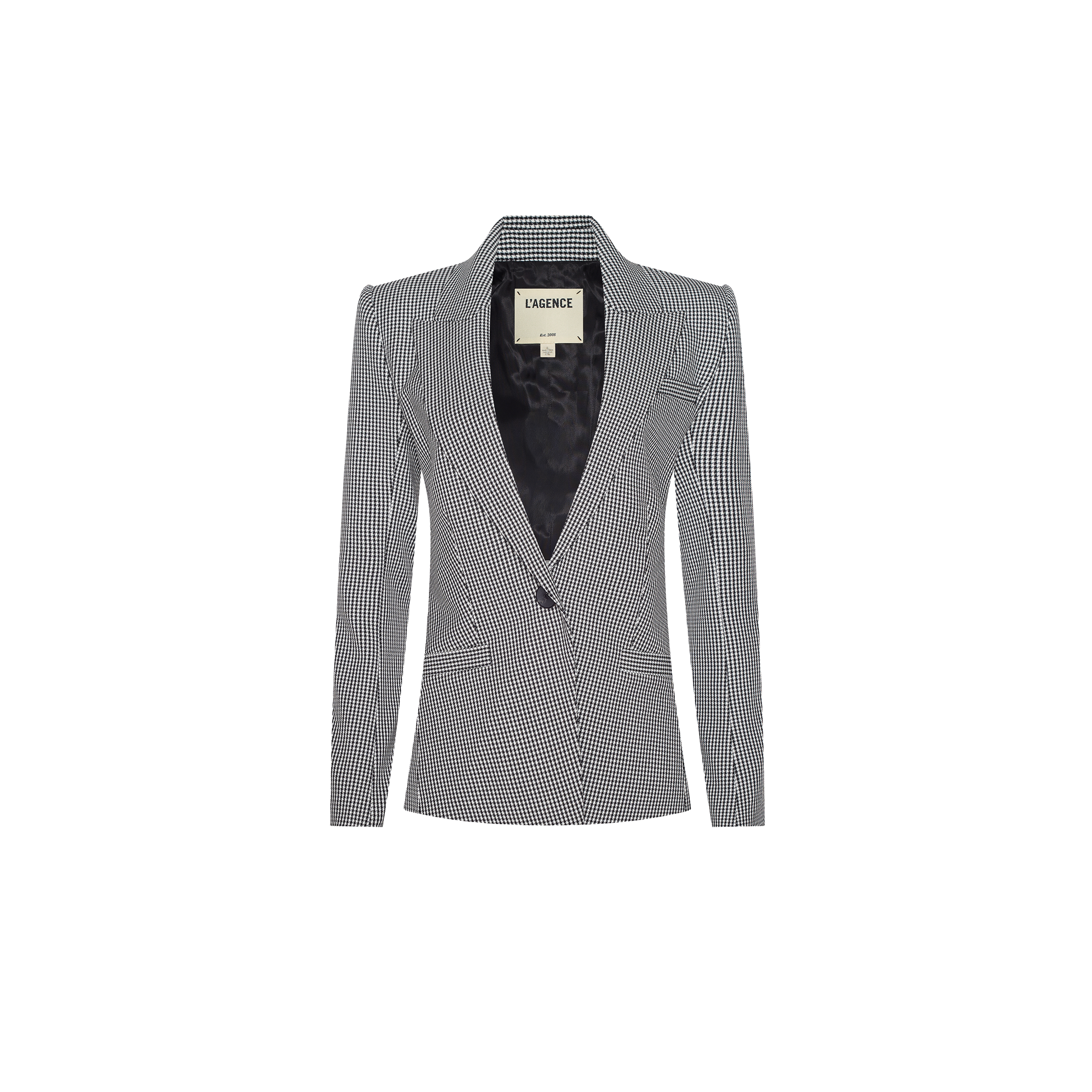 Blanche Blazer, a tailored single-button houndstooth blazer in a black and white gingham pattern with a notched lapel.