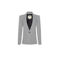 Blanche Blazer, a tailored single-button houndstooth blazer in a black and white gingham pattern with a notched lapel.