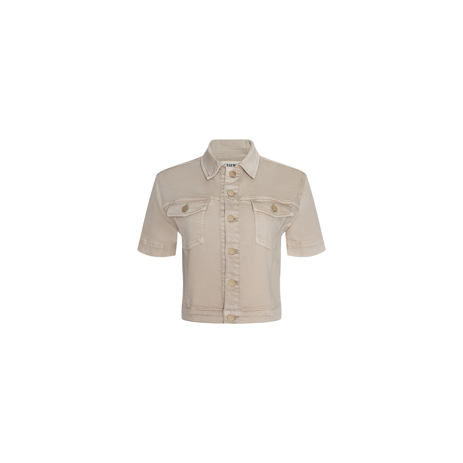 The Kirstie Jean Shirt Jacket is a beige, short-sleeve denim jacket featuring a collar, button-down front, and two chest pockets. Styled as a cropped denim jacket, it is displayed on a plain white background.
