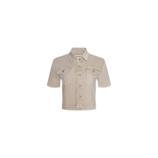 The Kirstie Jean Shirt Jacket is a tan, cropped short-sleeve shirt jacket featuring a collar, front buttons, and two chest pockets, displayed on a white background.