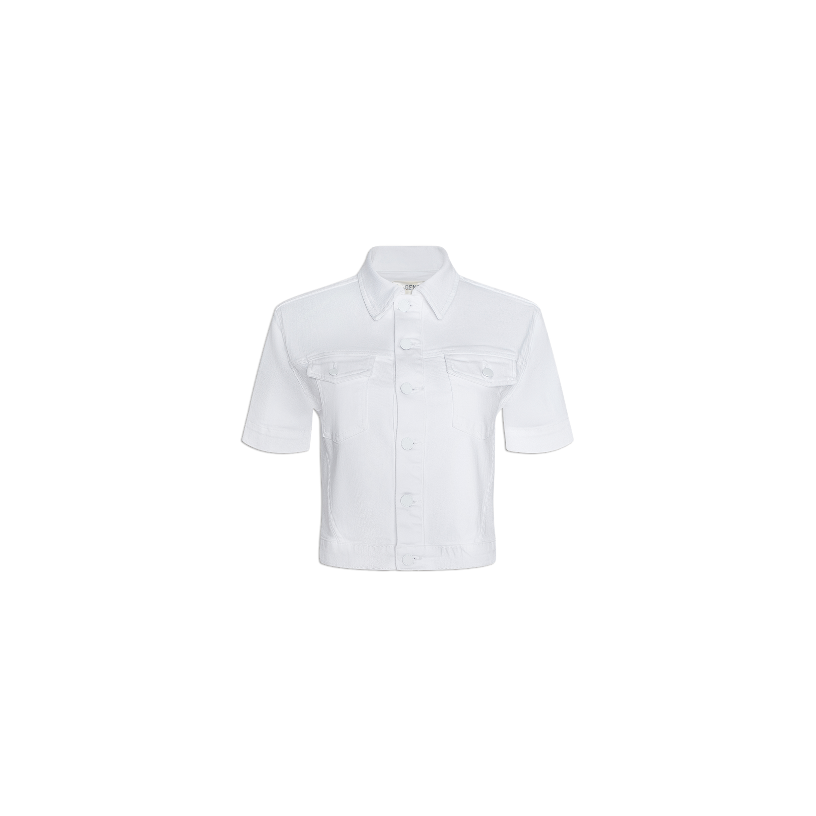 Kirstie Jean Shirt Jacket in white, featuring a cropped silhouette, short sleeves, collar, and two front chest pockets, displayed on a plain white background.