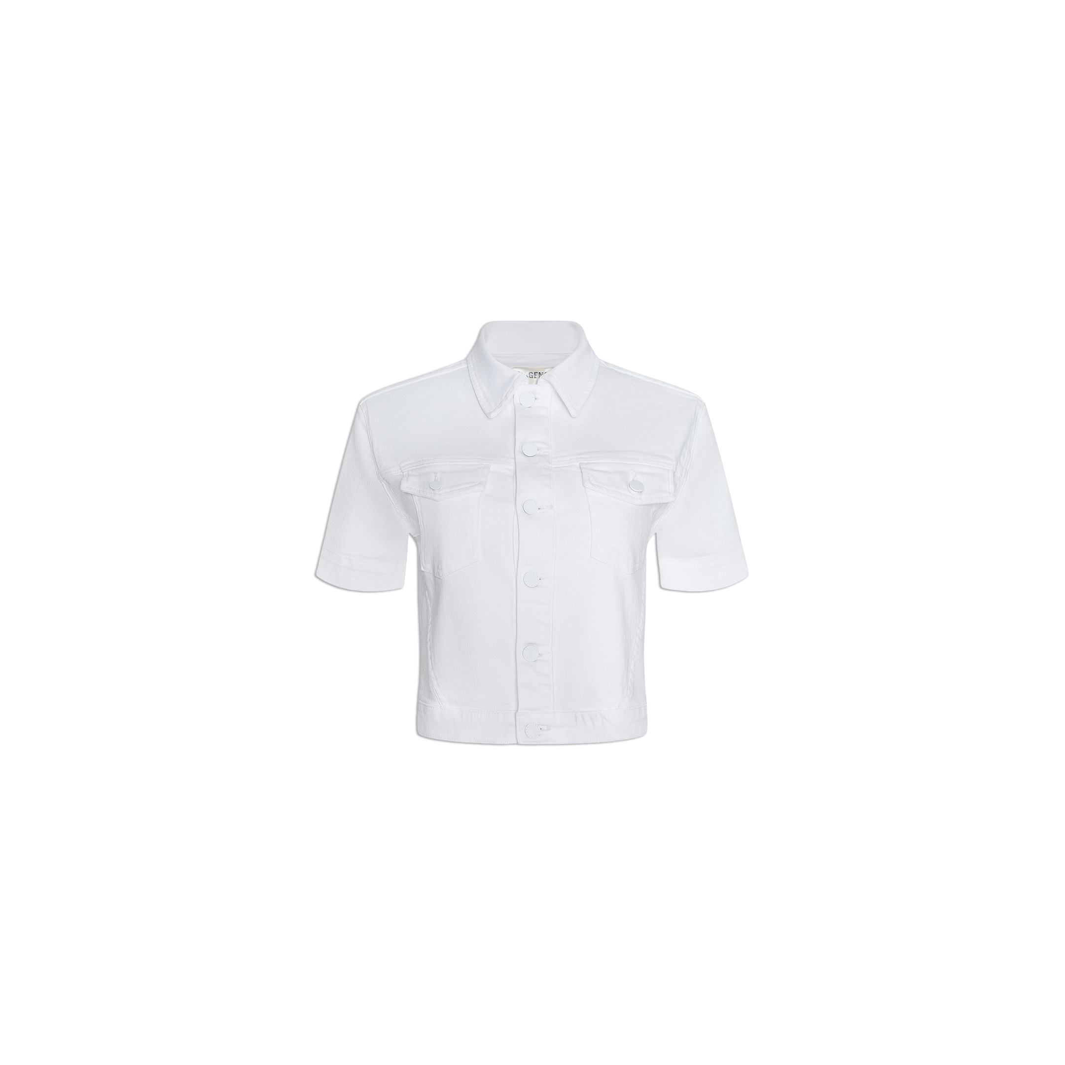 Kirstie Jean Shirt Jacket in white, featuring a cropped silhouette, short sleeves, collar, and two front chest pockets, displayed on a plain white background.