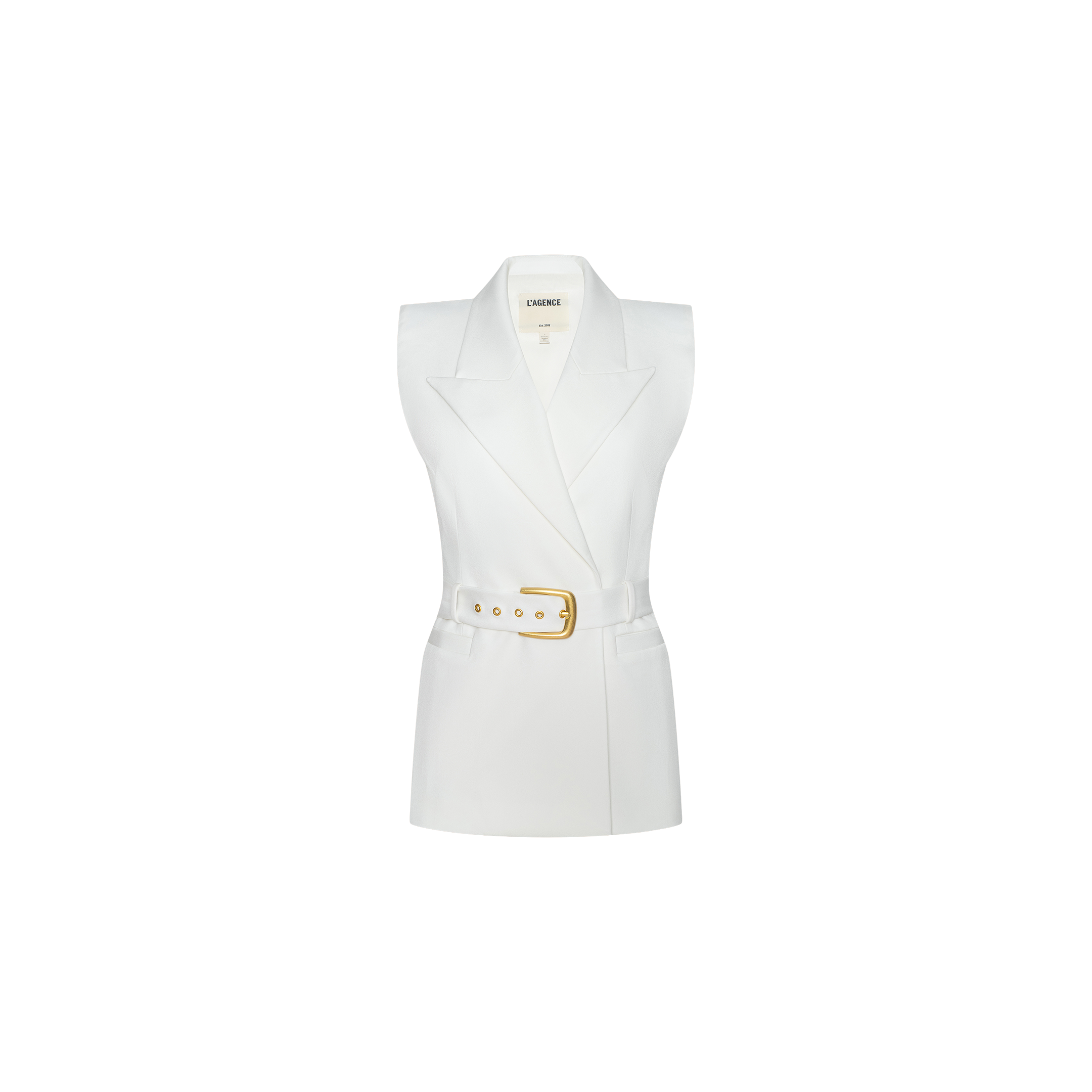 Emerly Vest—a sleeveless white blazer vest featuring wide lapels and a gold-buckled waist belt, crafted from stretch suit fabric and showcased against a plain white background.
