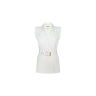 Emerly Vest—a sleeveless white blazer vest featuring wide lapels and a gold-buckled waist belt, crafted from stretch suit fabric and showcased against a plain white background.