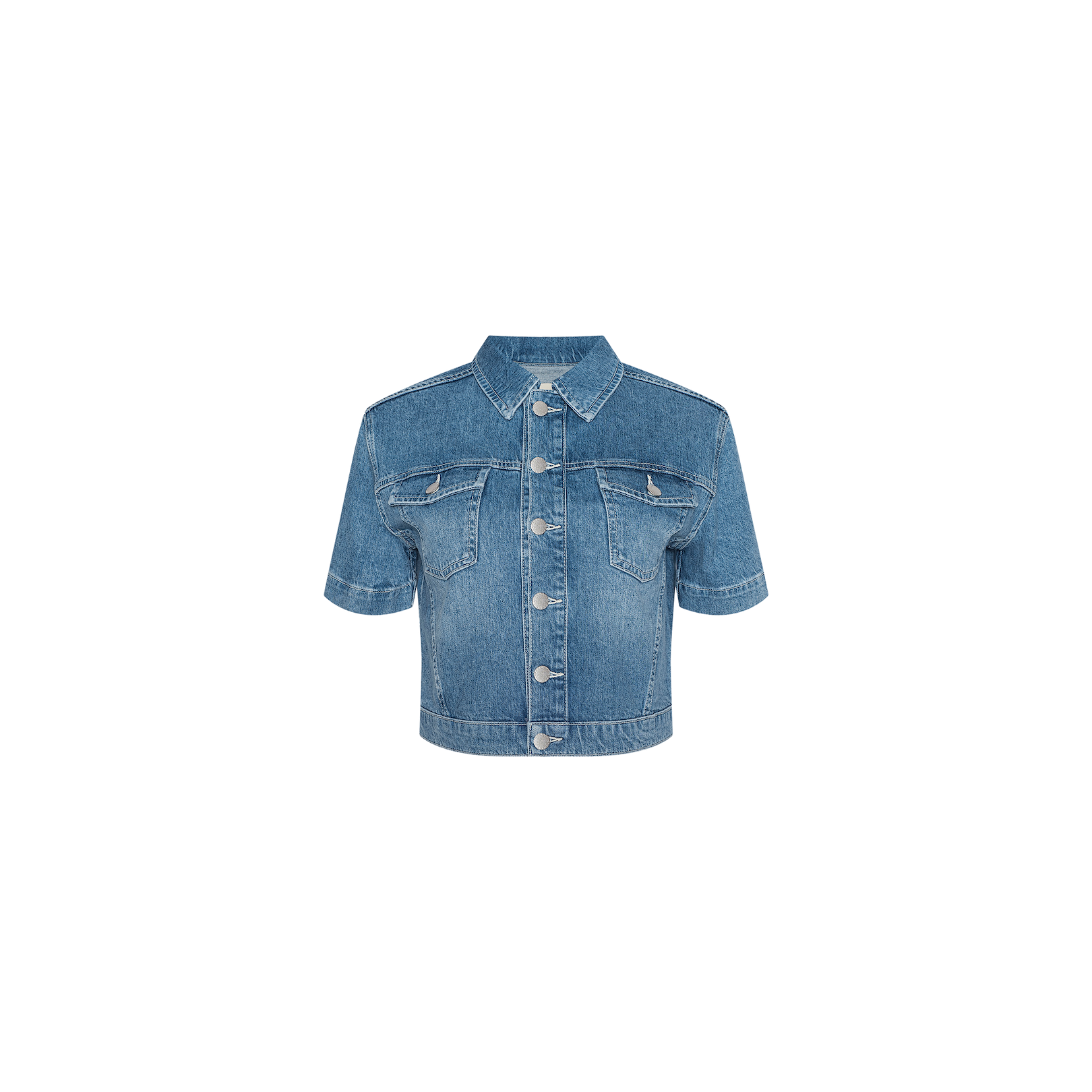 The Kirstie Jean Shirt Jacket is a short-sleeve denim piece featuring a button-up front, two chest pockets, and a collar, shown against a plain white background.