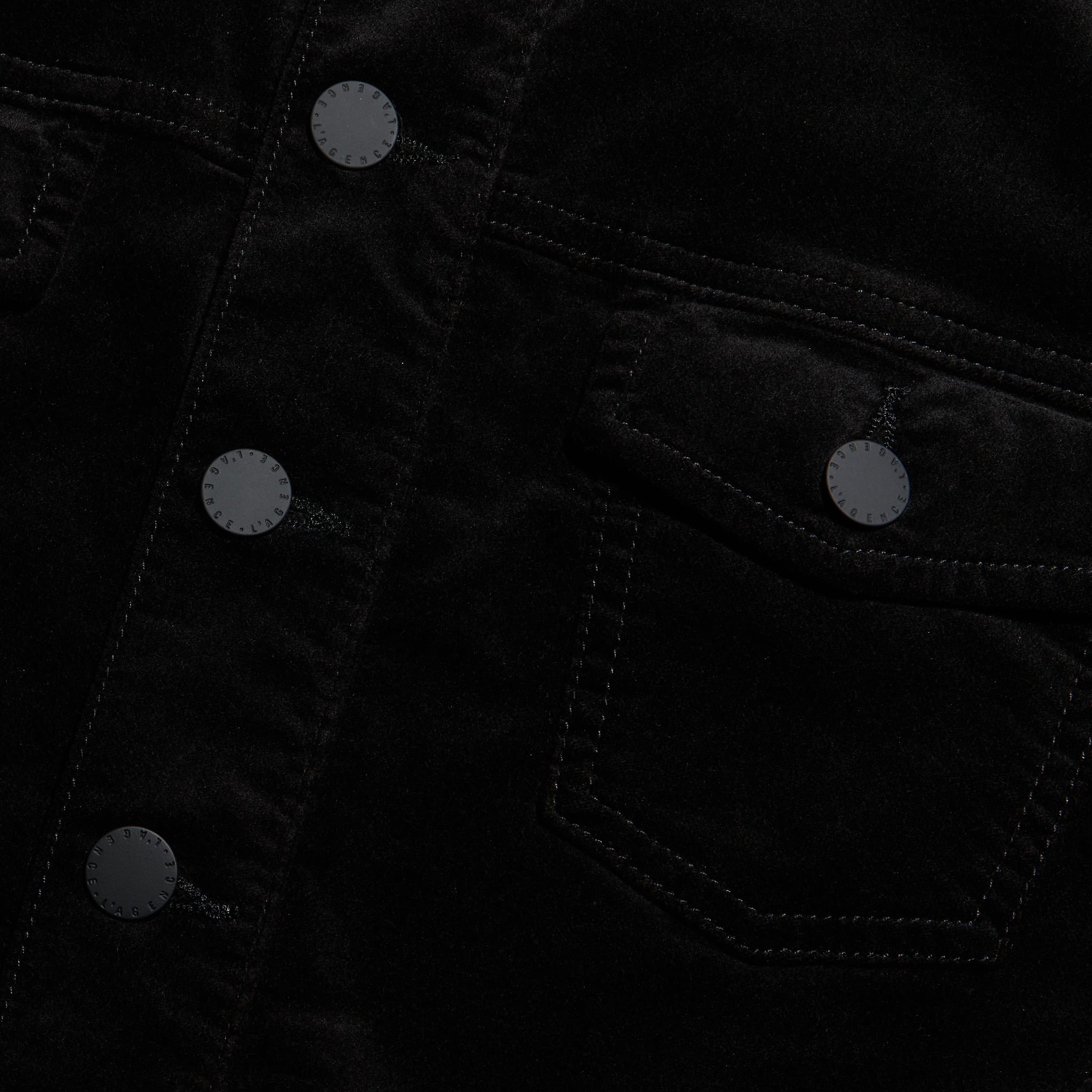 Close-up of the black Kirstie Velvet Shirt Jacket, featuring a chest pocket and matte black buttons.