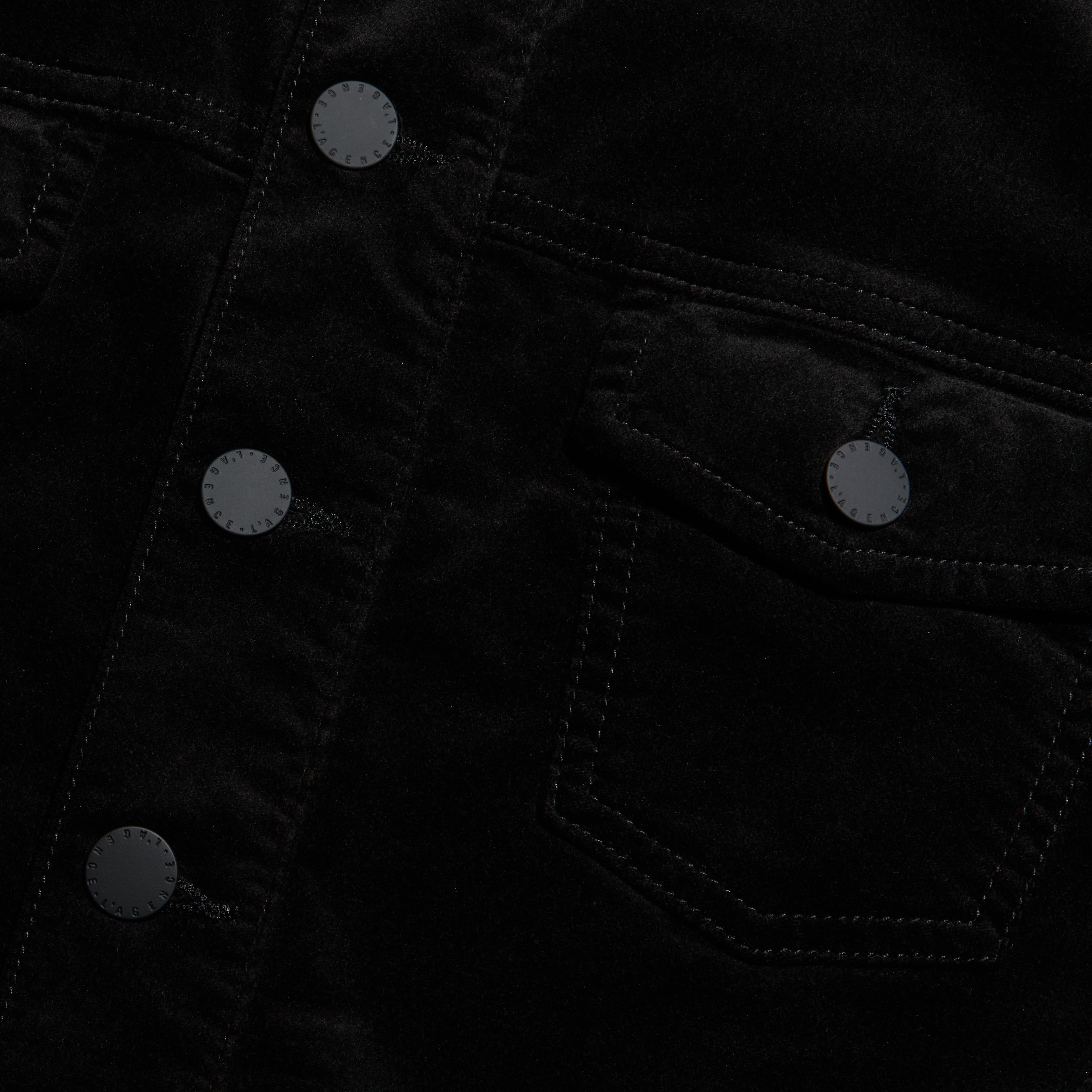 Close-up of the black Kirstie Velvet Shirt Jacket, featuring a chest pocket and matte black buttons.