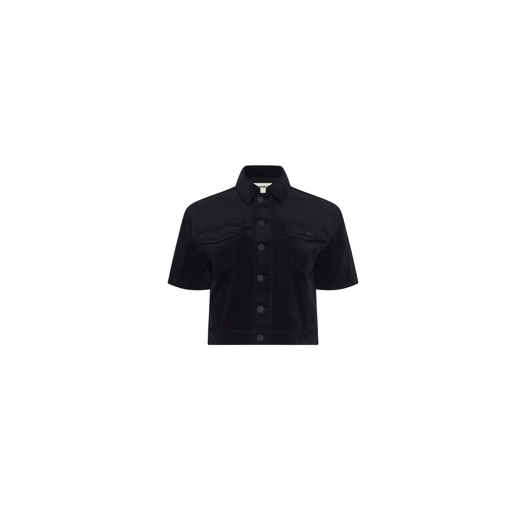 Kirstie Velvet Shirt Jacket in black, featuring a short-sleeved, button-up design with two chest pockets.