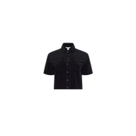 Kirstie Velvet Shirt Jacket in black, featuring a short-sleeved, button-up design with two chest pockets.