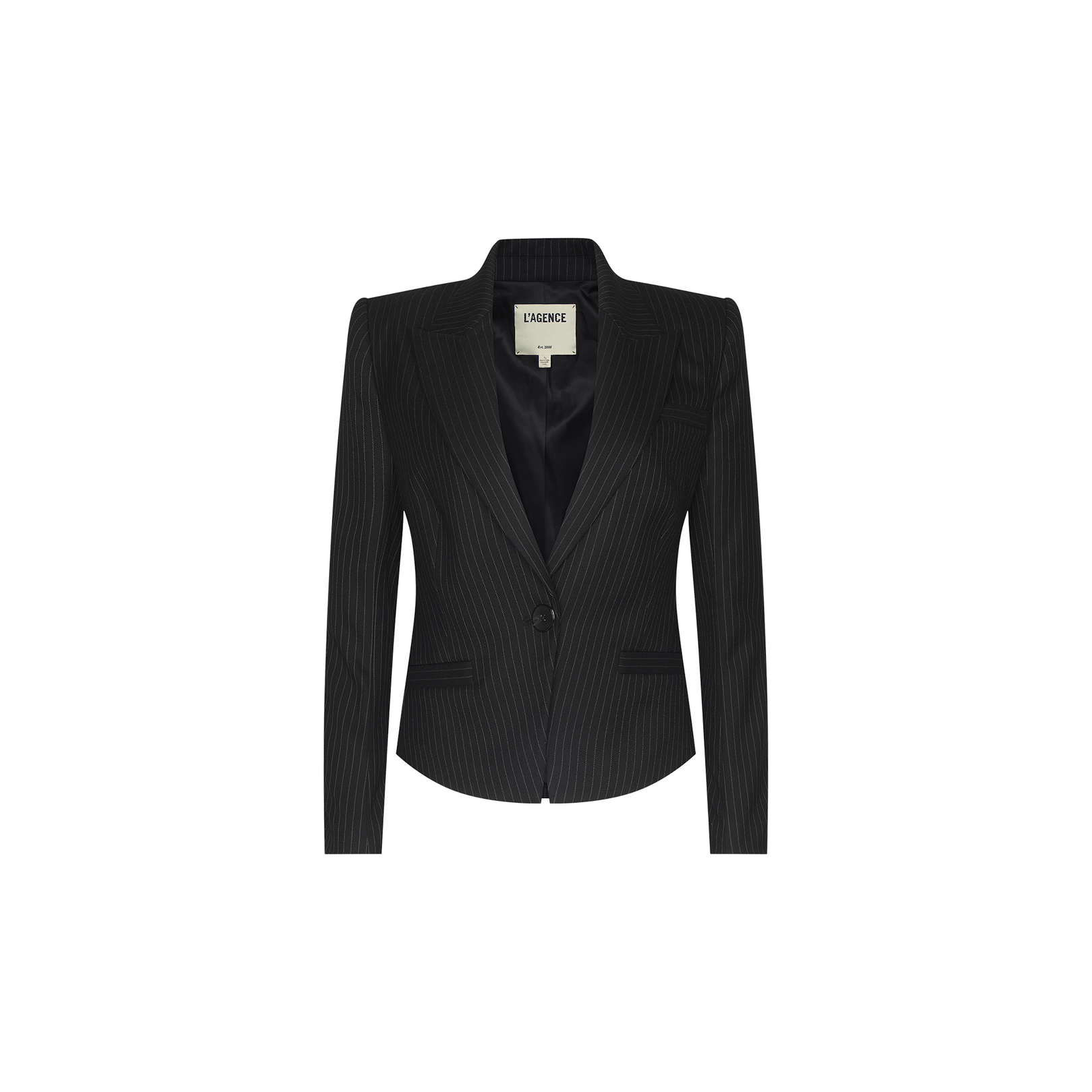 The Misa Blazer, a black pinstripe single-breasted design with a single button closure and notched lapels, showcases long sleeves and a vintage-inspired satin lining, elegantly displayed against a plain white background.