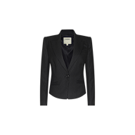 The Misa Blazer, a black pinstripe single-breasted design with a single button closure and notched lapels, showcases long sleeves and a vintage-inspired satin lining, elegantly displayed against a plain white background.