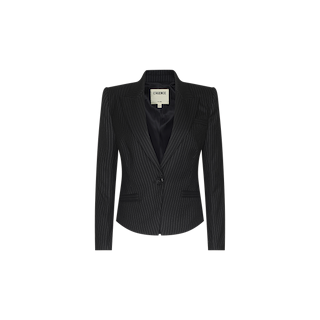 The Misa Blazer, a black pinstripe single-breasted design with a single button closure and notched lapels, showcases long sleeves and a vintage-inspired satin lining, elegantly displayed against a plain white background.