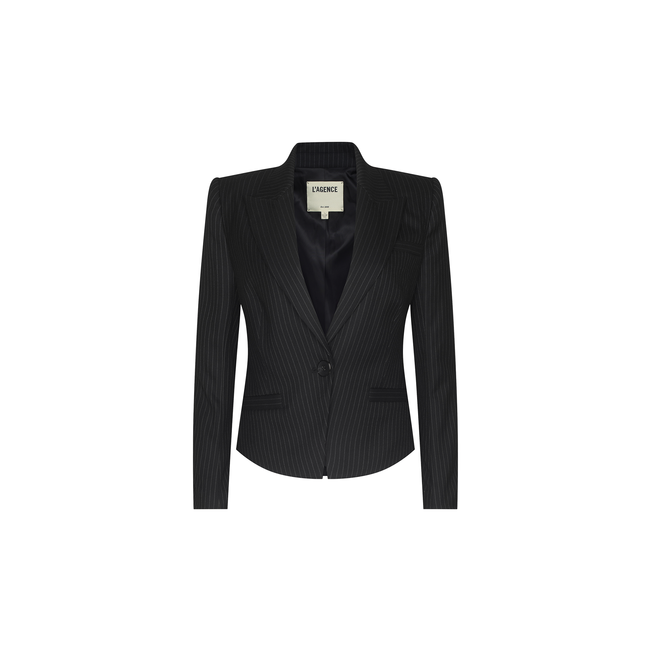 The Misa Blazer, a black pinstripe single-breasted design with a single button closure and notched lapels, showcases long sleeves and a vintage-inspired satin lining, elegantly displayed against a plain white background.