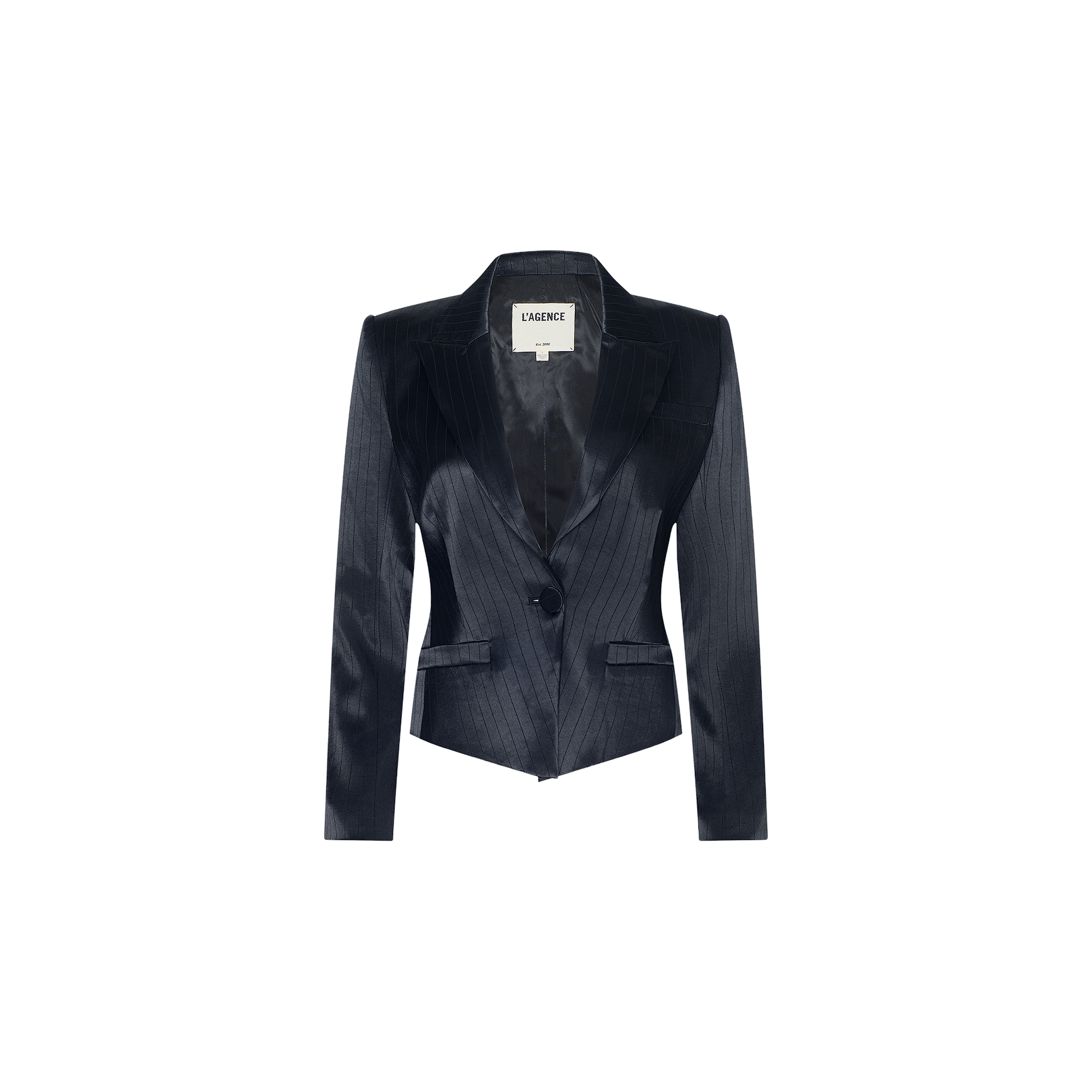 The Misa Blazer is a dark navy single-breasted pinstripe tailored blazer featuring a single button closure, notched lapels, and front pockets, shown against a plain white background.