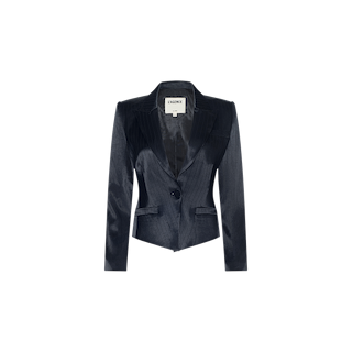 The Misa Blazer is a dark navy single-breasted pinstripe tailored blazer featuring a single button closure, notched lapels, and front pockets, shown against a plain white background.