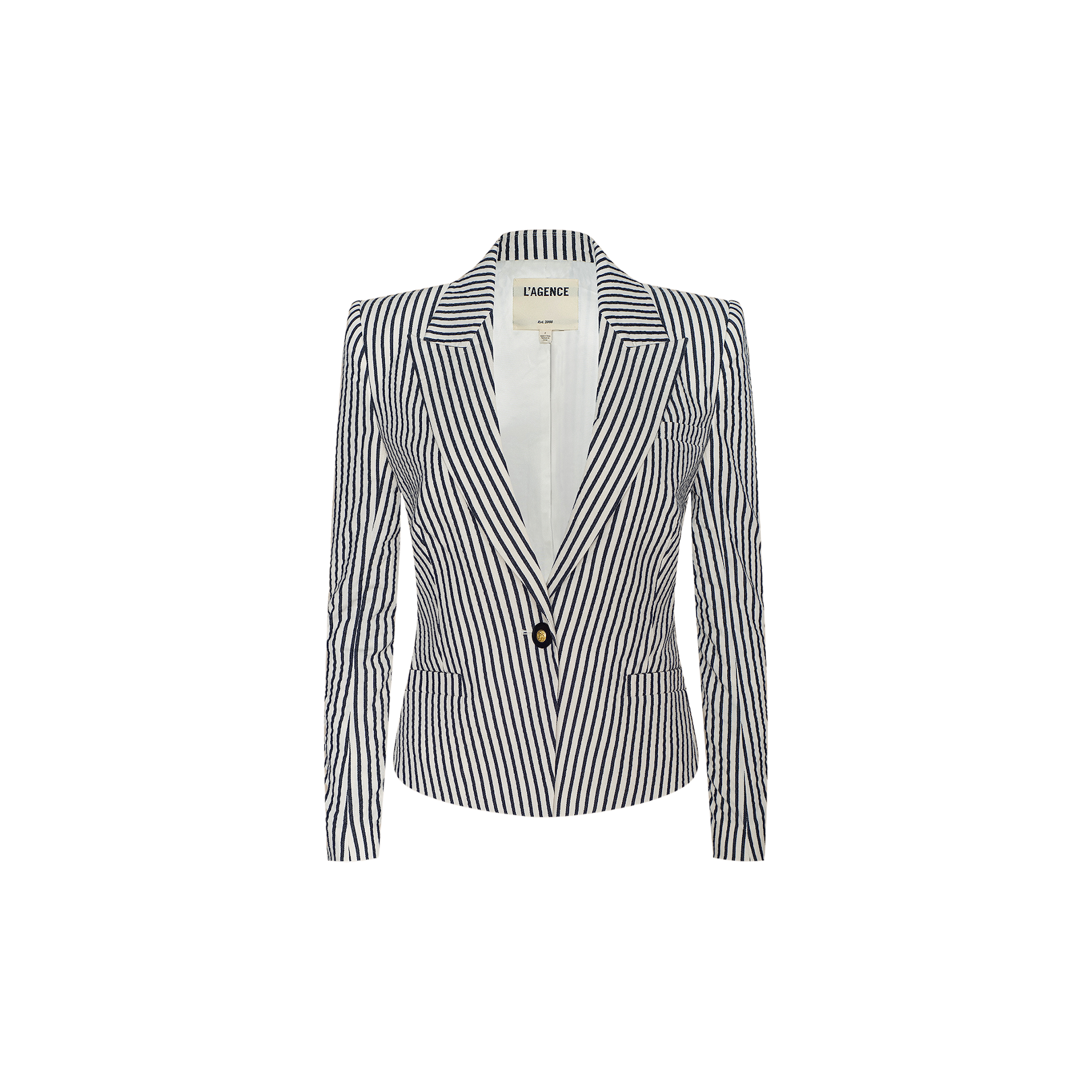 Front view of the Misa Seersucker Blazer for women, featuring vertical black and white stripes, a single button closure, and notched lapels, displayed against a plain white background.