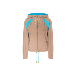 The Lark Windbreaker is a tan hooded jacket featuring blue color-block accents on the shoulders, a front zipper closure, elastic cuffs, and adjustable drawstrings at both the hood and hem, shown against a plain white background.