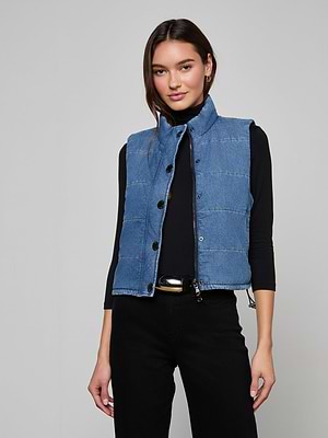 L'AGENCE Rola Puffer Vest In Medium Washed Denim L'AGENCE Rola Puffer Vest In Medium Washed Denim