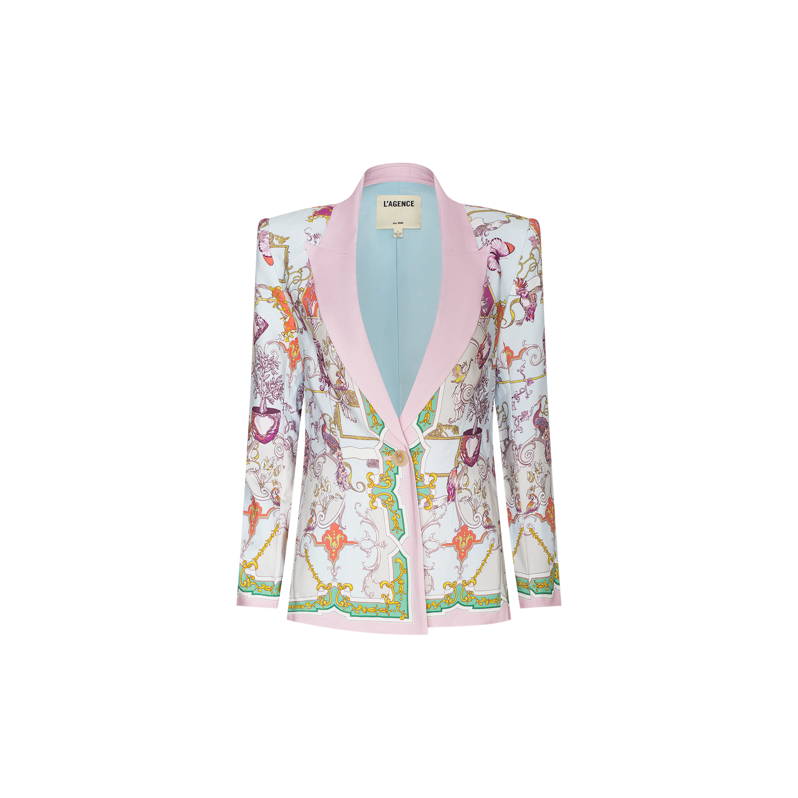Meet the Gweny Blazer—a women’s relaxed fit statement piece featuring a pastel pink shawl collar and ornate, colorful baroque-style patterns set against a crisp white background. Accented with striking gold, green, and purple hues, its contrasting lapel brings a modern twist to this classic baroque toile blazer design.