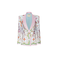 Meet the Gweny Blazer—a women’s relaxed fit statement piece featuring a pastel pink shawl collar and ornate, colorful baroque-style patterns set against a crisp white background. Accented with striking gold, green, and purple hues, its contrasting lapel brings a modern twist to this classic baroque toile blazer design.
