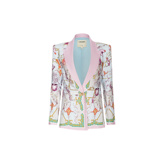 Meet the Gweny Blazer—a women’s relaxed fit statement piece featuring a pastel pink shawl collar and ornate, colorful baroque-style patterns set against a crisp white background. Accented with striking gold, green, and purple hues, its contrasting lapel brings a modern twist to this classic baroque toile blazer design.