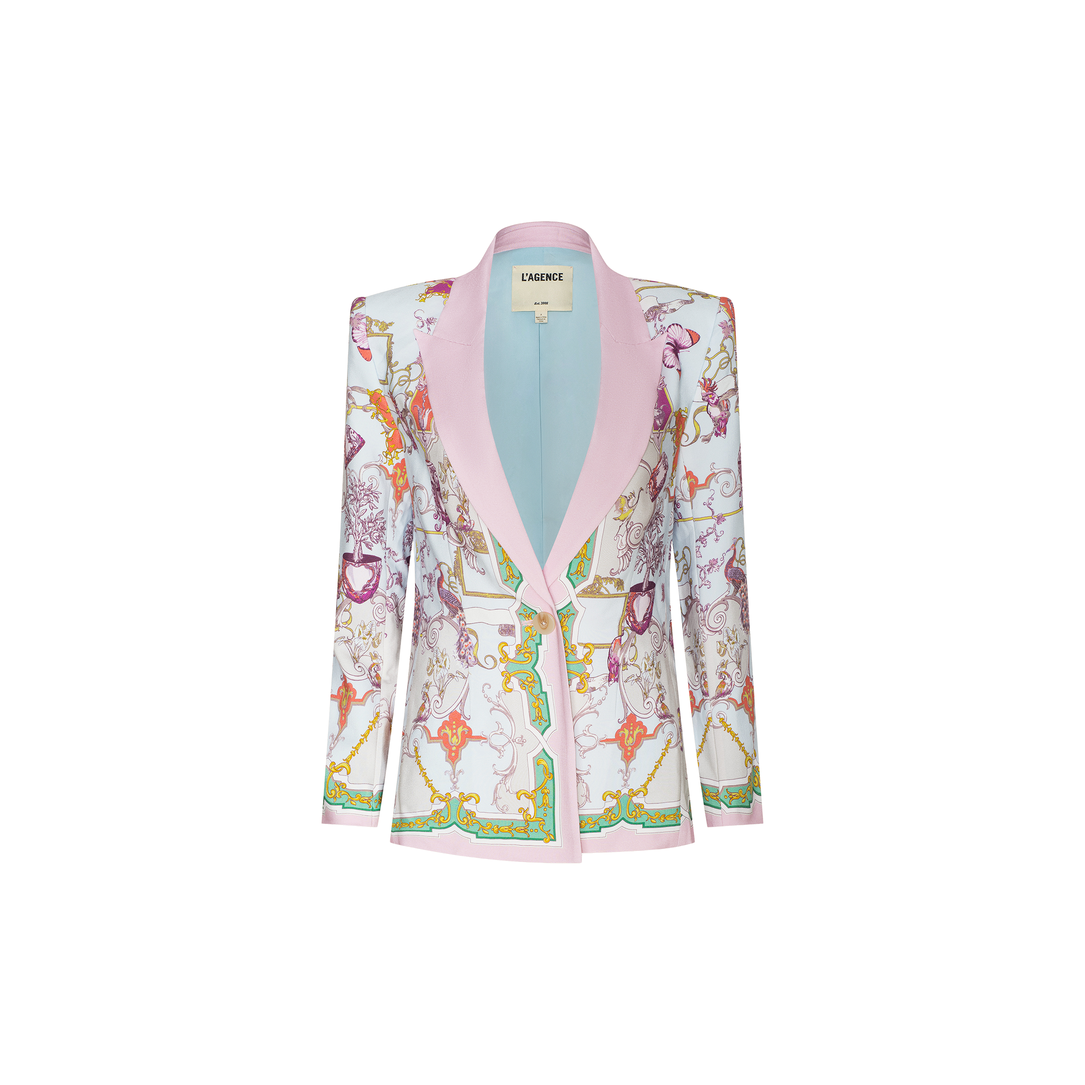 Meet the Gweny Blazer—a women’s relaxed fit statement piece featuring a pastel pink shawl collar and ornate, colorful baroque-style patterns set against a crisp white background. Accented with striking gold, green, and purple hues, its contrasting lapel brings a modern twist to this classic baroque toile blazer design.