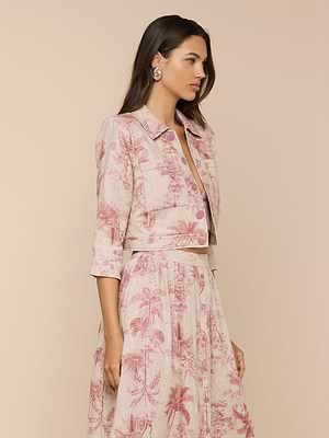 L'Agence Eda Cropped Linen Jacket In Tan Multi Textured Jungle Toile L'Agence Eda Cropped Linen Jacket In Tan Multi Textured Jungle Toile