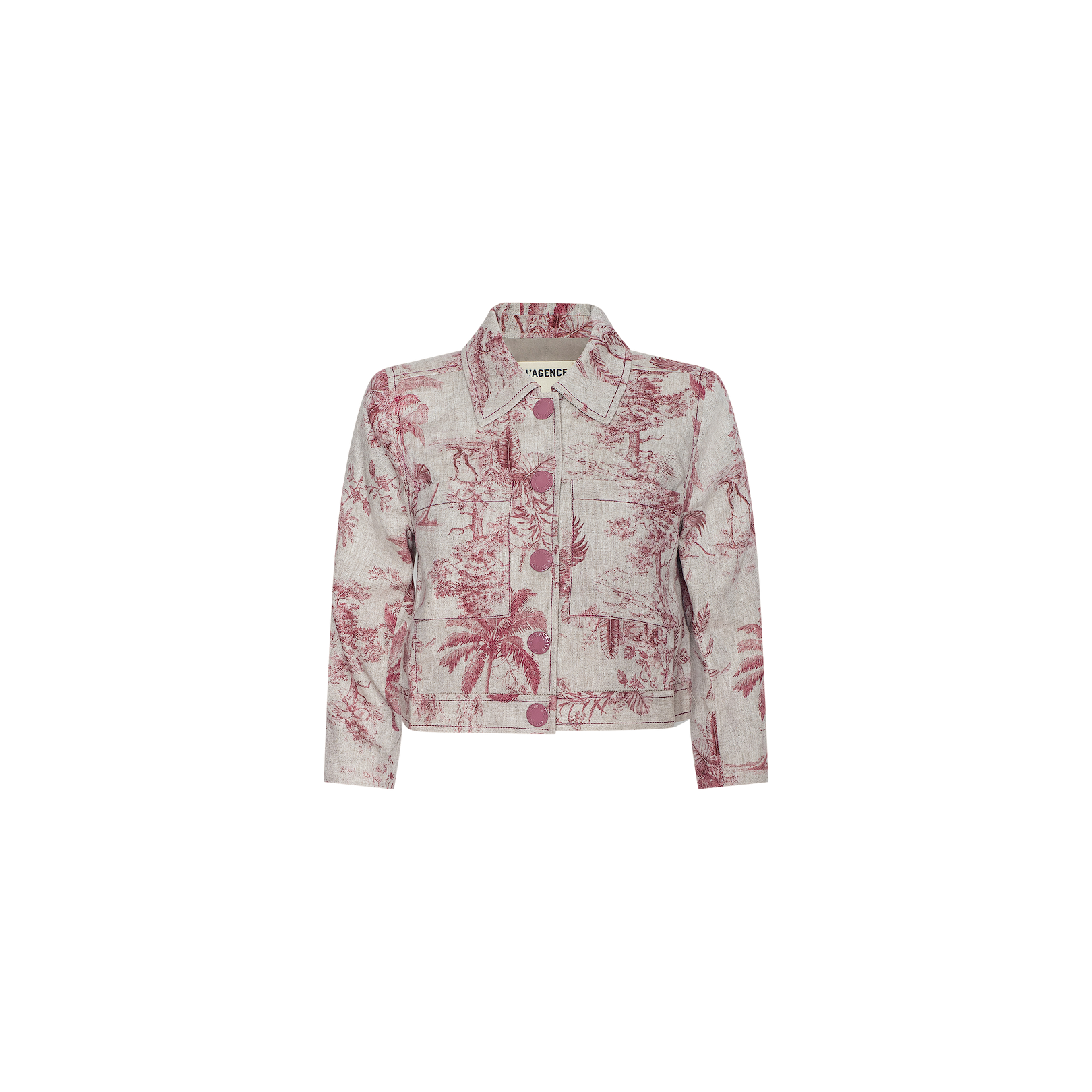 Introducing the Eda Cropped Linen Jacket: this classic shirt jacket features a vibrant pink and white botanical print, a collar, button-down front, and long sleeves. Displayed against a plain white background, it combines timeless style with fresh seasonal flair—perfect as your go-to summer linen jacket.