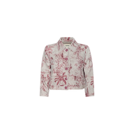 Introducing the Eda Cropped Linen Jacket: this classic shirt jacket features a vibrant pink and white botanical print, a collar, button-down front, and long sleeves. Displayed against a plain white background, it combines timeless style with fresh seasonal flair—perfect as your go-to summer linen jacket.