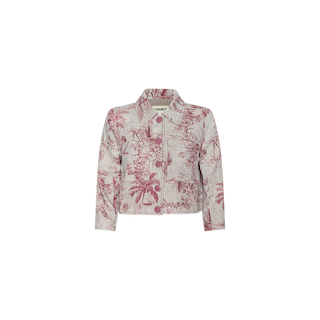 Introducing the Eda Cropped Linen Jacket: this classic shirt jacket features a vibrant pink and white botanical print, a collar, button-down front, and long sleeves. Displayed against a plain white background, it combines timeless style with fresh seasonal flair—perfect as your go-to summer linen jacket.