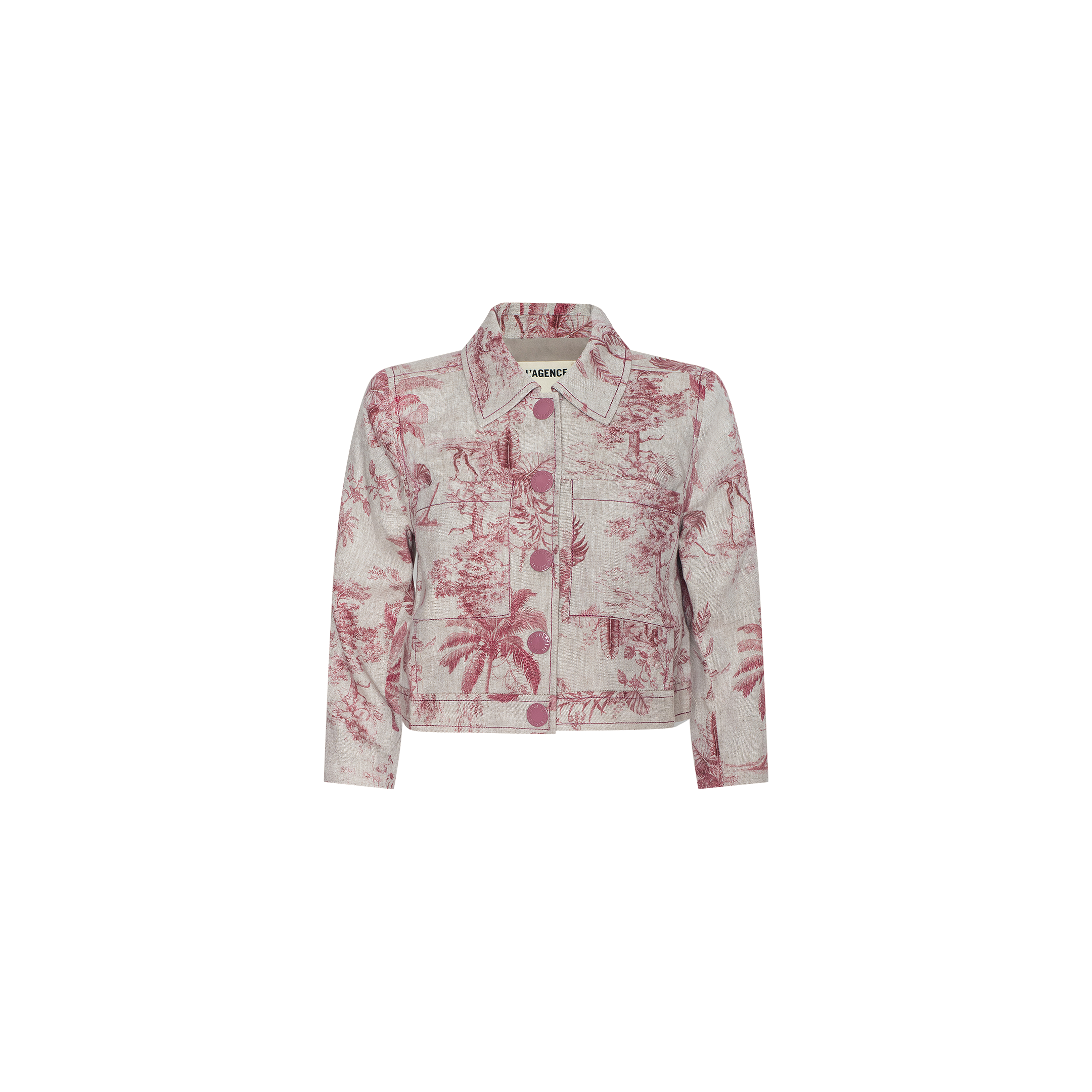 Introducing the Eda Cropped Linen Jacket: this classic shirt jacket features a vibrant pink and white botanical print, a collar, button-down front, and long sleeves. Displayed against a plain white background, it combines timeless style with fresh seasonal flair—perfect as your go-to summer linen jacket.
