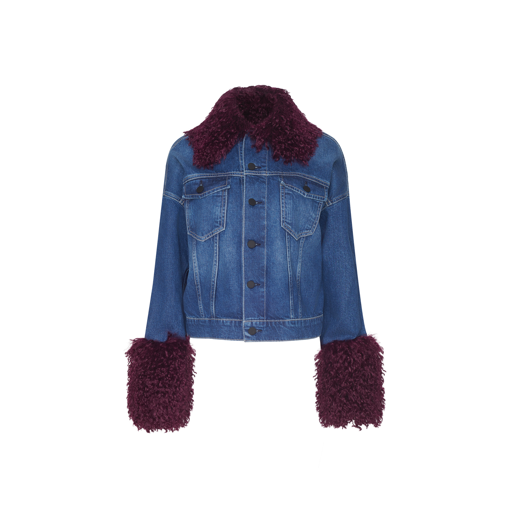 Bronson Jean Jacket, a cropped blue denim jacket with deep purple faux fur trim on the collar and cuffs.