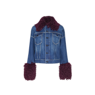 Bronson Jean Jacket, a cropped blue denim jacket with deep purple faux fur trim on the collar and cuffs.