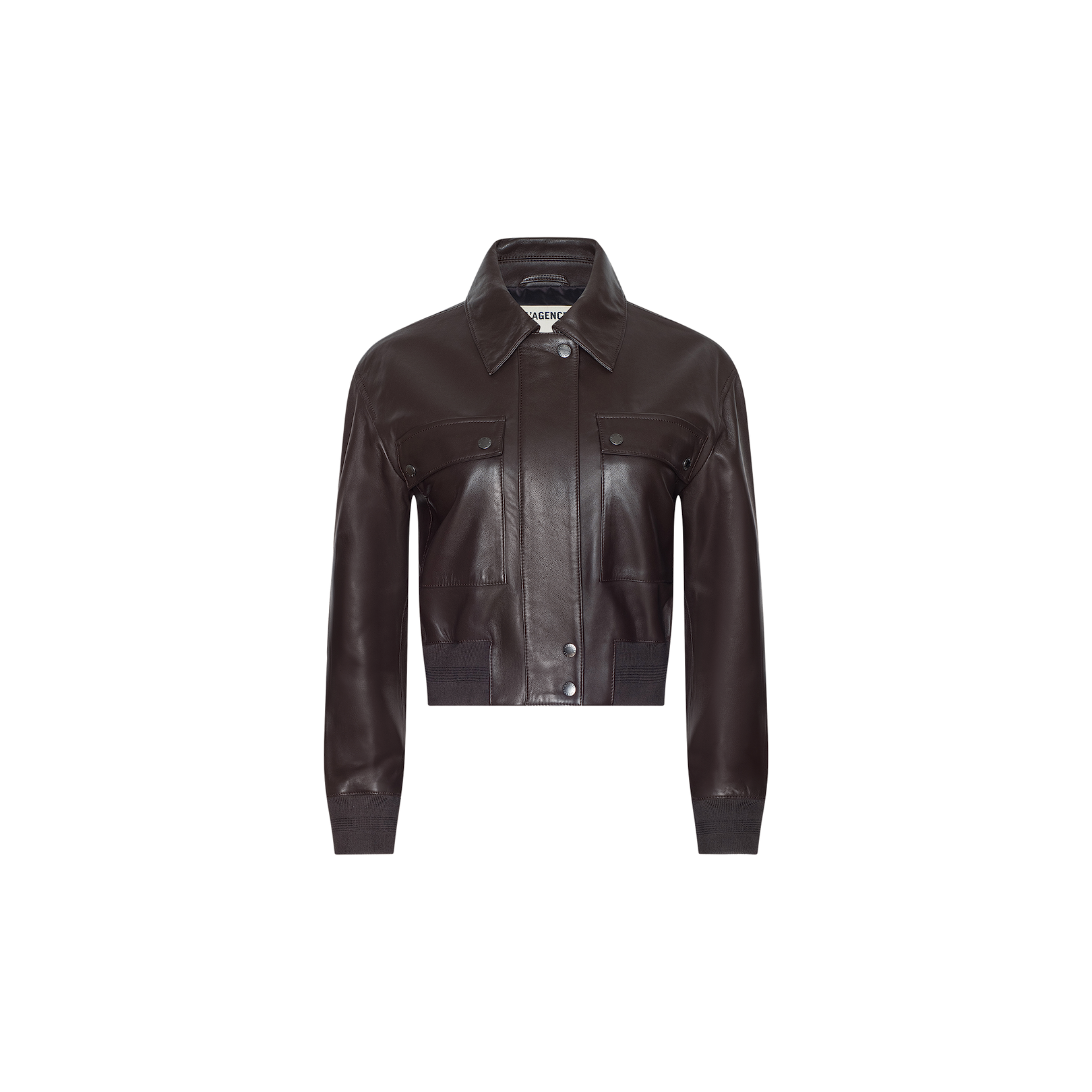 The Clotilde Leather Jacket, crafted from dark brown fine-grain leather, features a collar, button front, long sleeves, two chest pockets with flaps, and ribbed cuffs and hem for a touch of luxury layering. This cropped bomber jacket is shown against a plain white background.