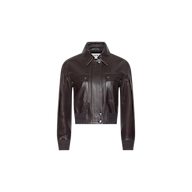 The Clotilde Leather Jacket, crafted from dark brown fine-grain leather, features a collar, button front, long sleeves, two chest pockets with flaps, and ribbed cuffs and hem for a touch of luxury layering. This cropped bomber jacket is shown against a plain white background.