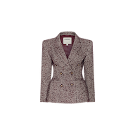 The Karima Tweed Blazer is a tailored, double-breasted herringbone blazer in maroon with gold buttons, displayed on a plain white background.