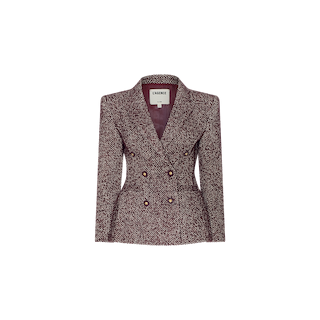 The Karima Tweed Blazer is a tailored, double-breasted herringbone jacket featuring a maroon and white pattern, gold buttons, peaked lapels, and a fitted silhouette, displayed on a plain white background.