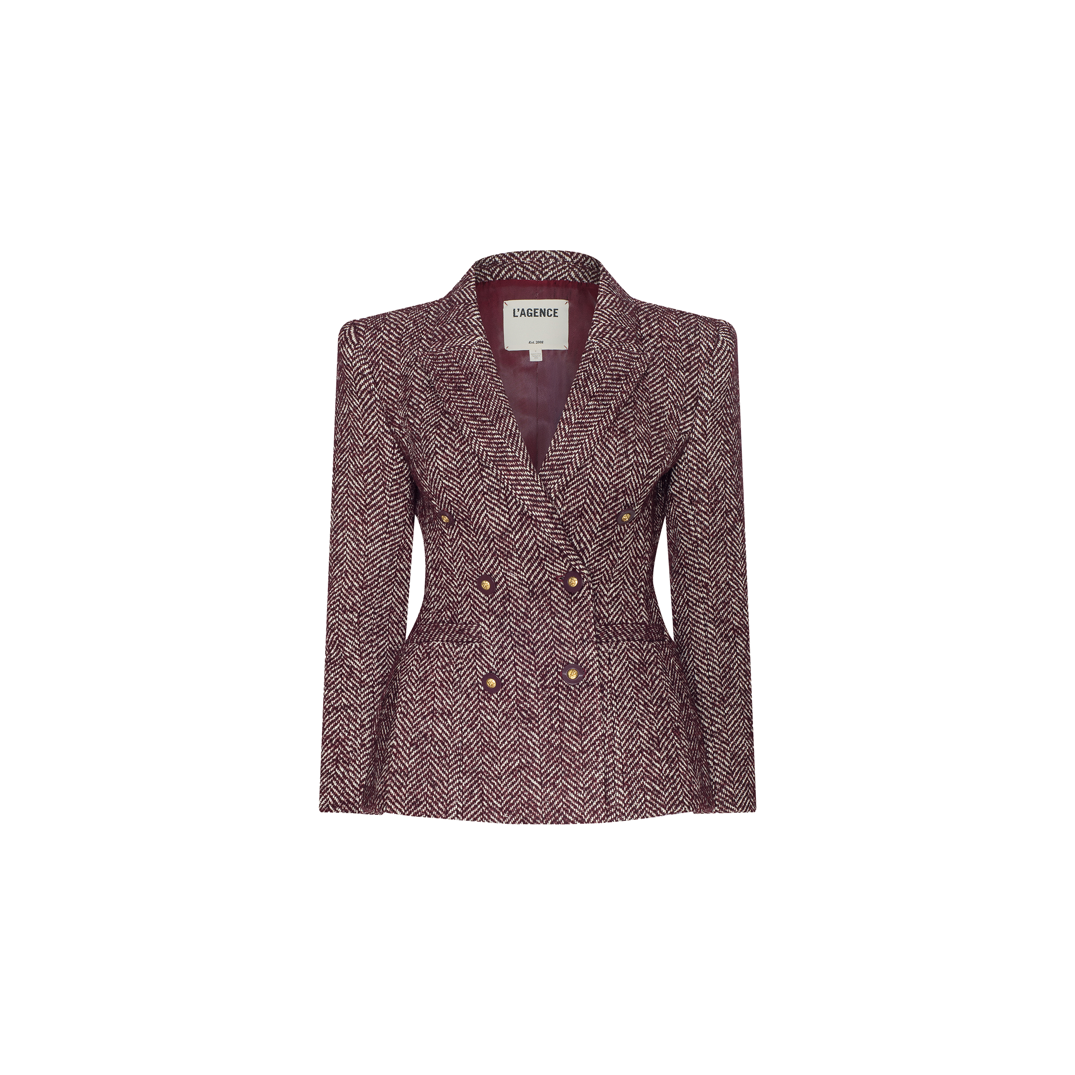 The Karima Tweed Blazer is a tailored, double-breasted herringbone blazer in maroon with gold buttons, displayed on a plain white background.