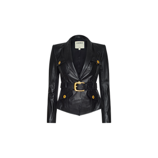 The Wisteria Leather Blazer is a black leather blazer featuring a wide notched collar, gold buttons on the front, and a matching black belt with a large gold buckle. Displayed on a plain white background, this L’AGENCE piece offers a fitted silhouette that brings modern sophistication to any wardrobe.