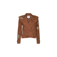 The Xoey Cropped Crystal Trench Coat is a brown suede double-breasted jacket featuring crystal embellishments and floral designs on the shoulders and sleeves, inspired by cropped suede trench styles from Fall 2026 Fashion Week, shown against a plain white background.