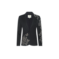 Clementine Embellished Blazer in black twill, featuring a single-button closure and crystal-embellished floral and butterfly patterns on the left shoulder and lower right side.