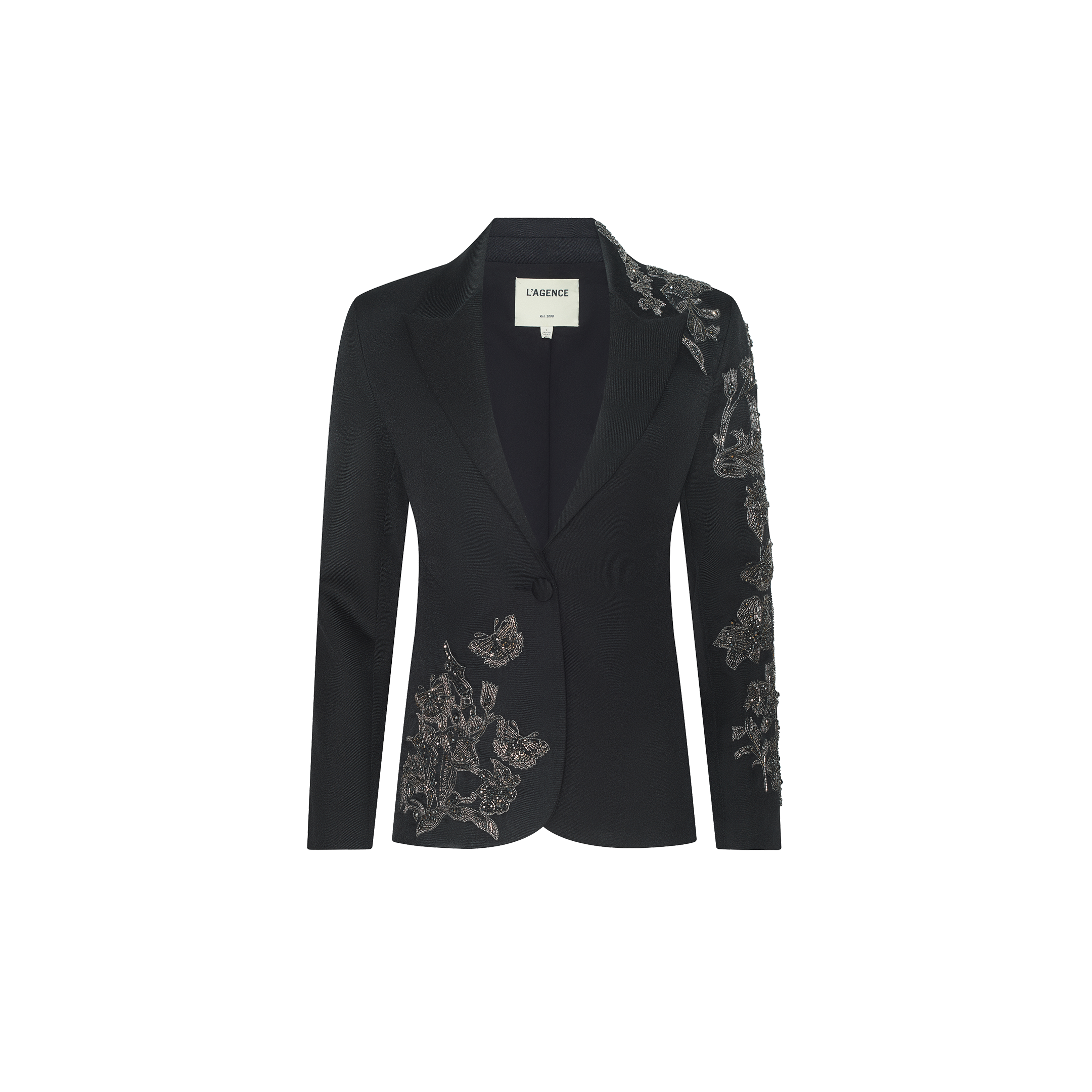 Clementine Embellished Blazer in black twill, featuring a single-button closure and crystal-embellished floral and butterfly patterns on the left shoulder and lower right side.