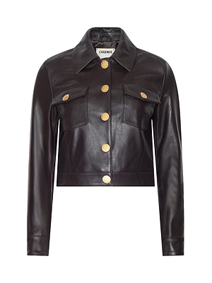 Brown leather jacket with gold buttons on a white background