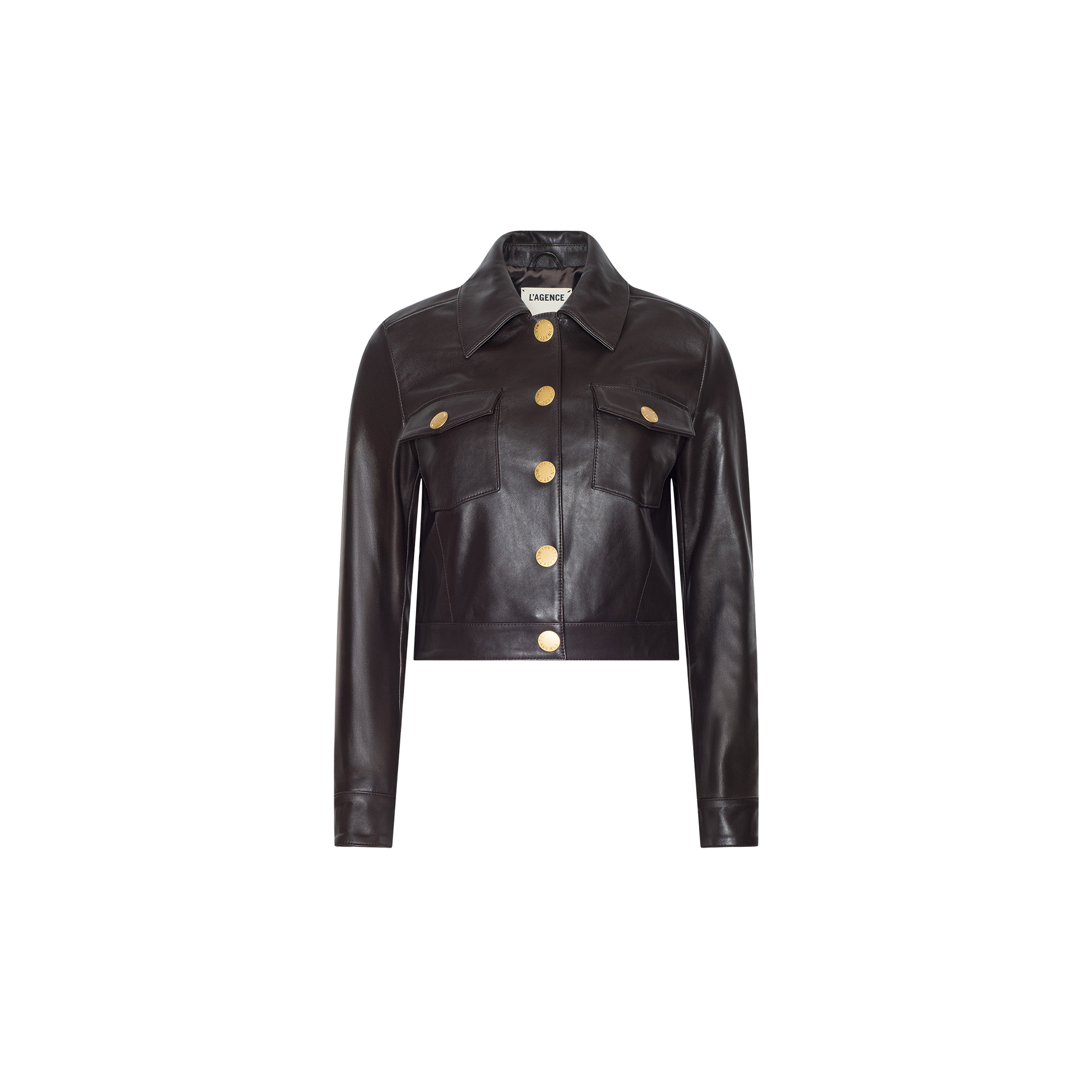 The Luci Fringed Leather Jacket, featuring black leather with gold buttons and two front flap pockets, is displayed on a plain white background.