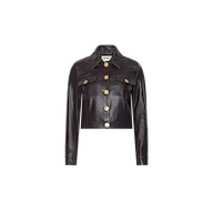 The Luci Fringed Leather Jacket, featuring black leather with gold buttons and two front flap pockets, is displayed on a plain white background.