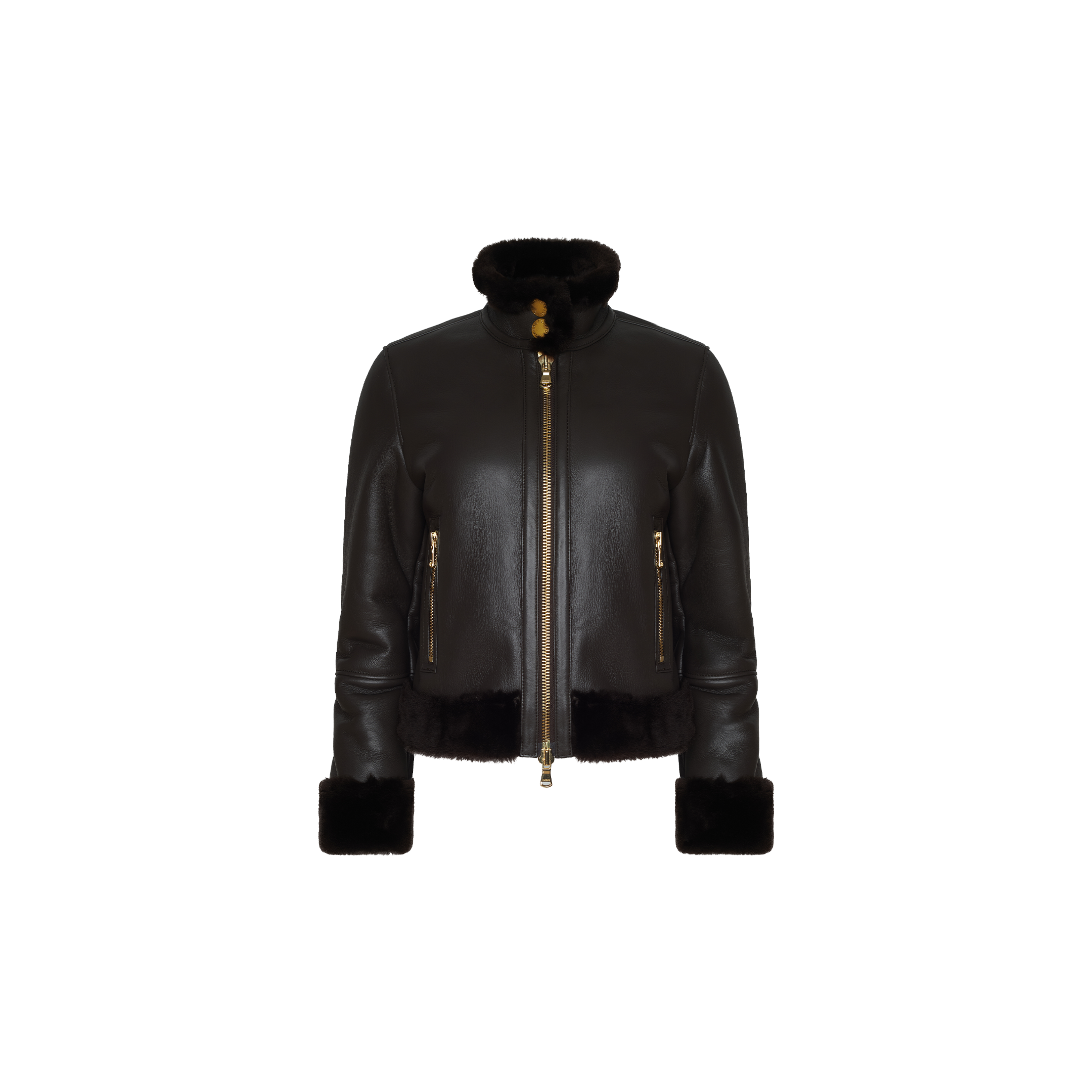 The Glacia Shearling Jacket is a cropped black lambskin leather jacket featuring a high collar, gold zippers, two front pockets, and fur trim at the collar, cuffs, and hem. It is displayed on a plain white background.