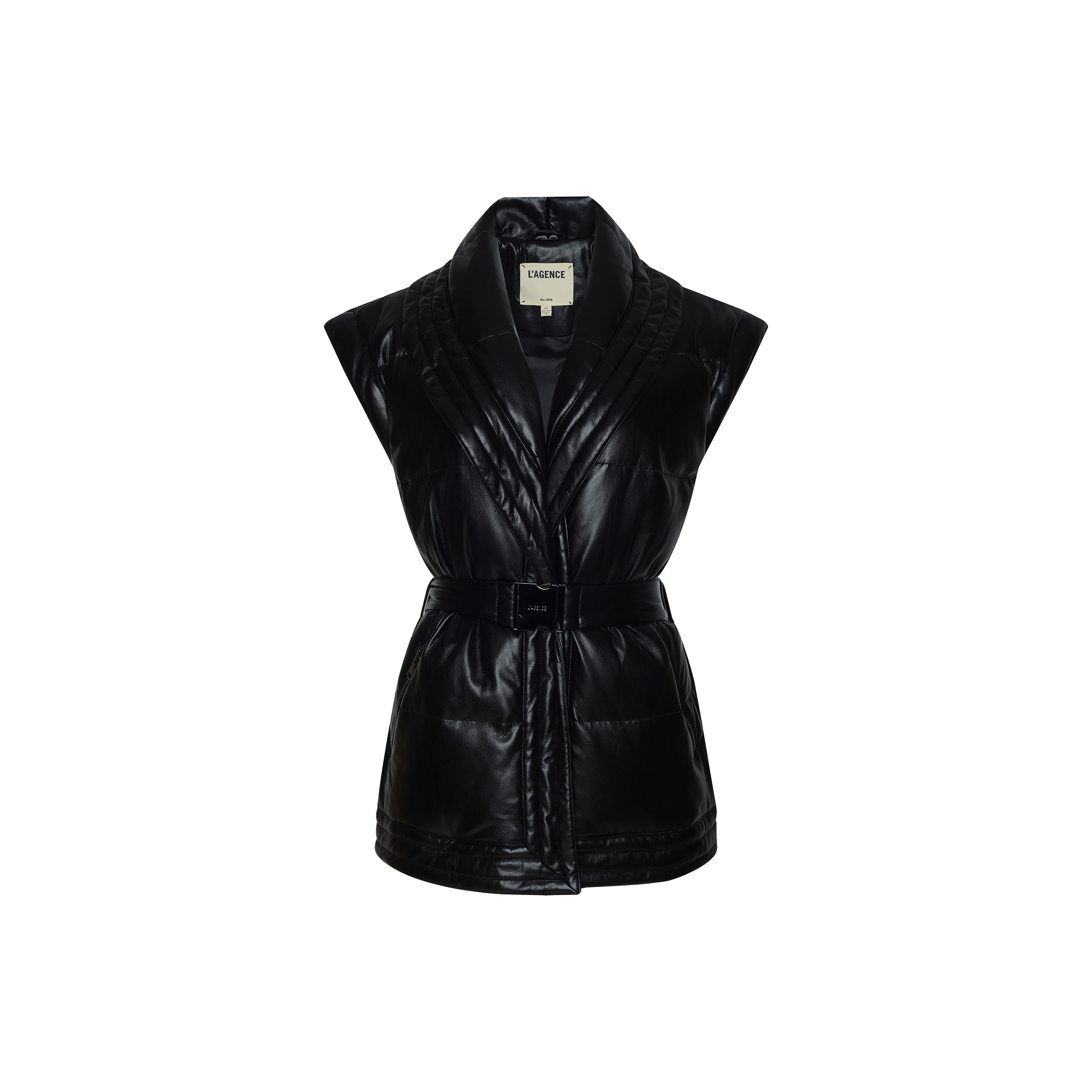 The Ignis Puffer Vest is a black sleeveless quilted vegan leather vest featuring a shawl collar and a matching belted waist, showcased on a plain white background. This chic piece serves perfectly as transitional outerwear.