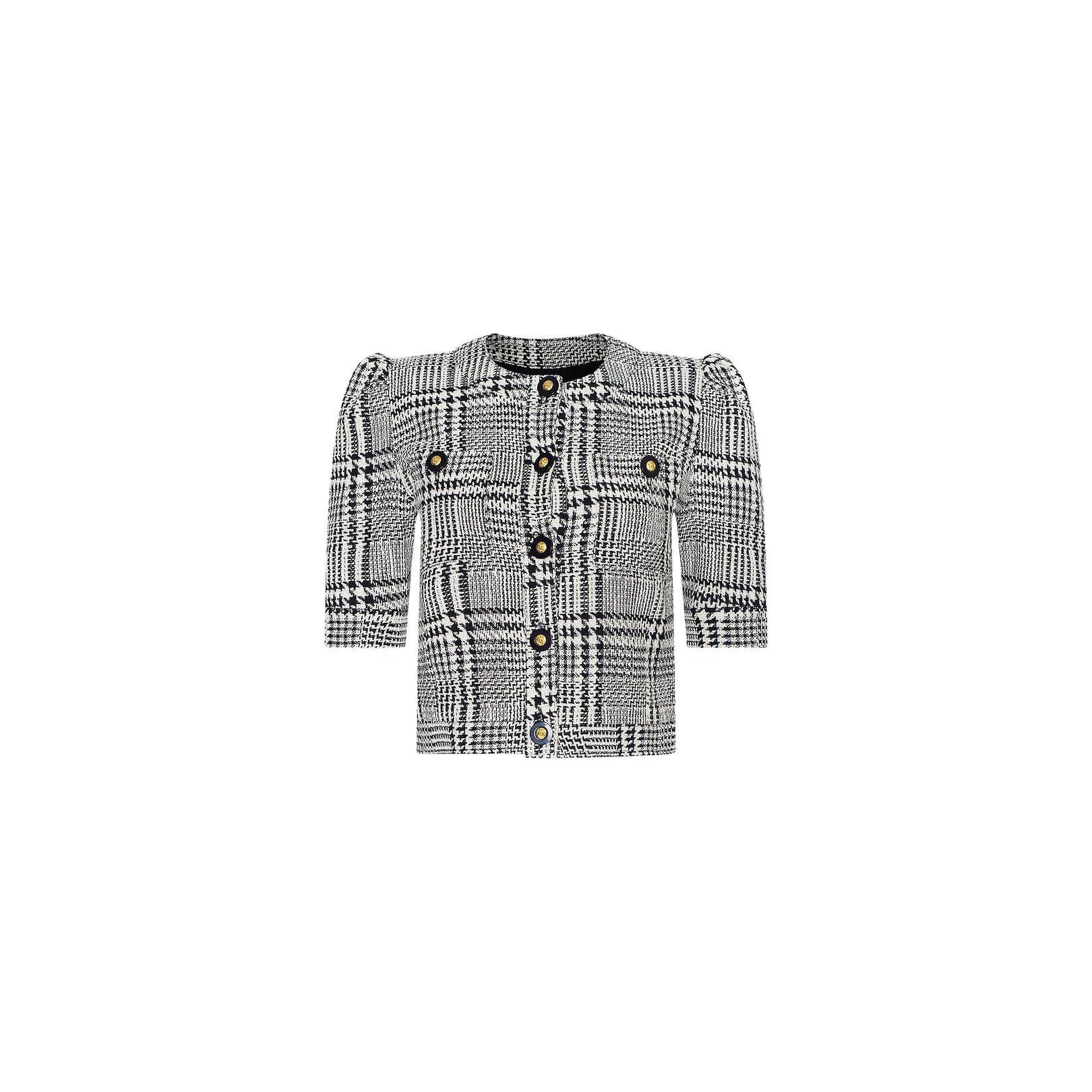 The Allegra Cropped Tweed Jacket is a black and white plaid short-sleeve cardigan featuring a round neckline, gold buttons down the front, and puffed shoulders, displayed on a plain white background.